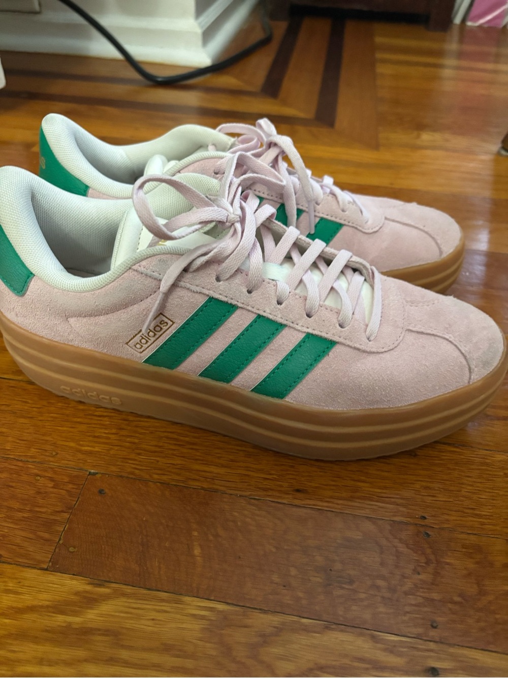 adidas Pink Suede Platform Sneakers with Green Stripes